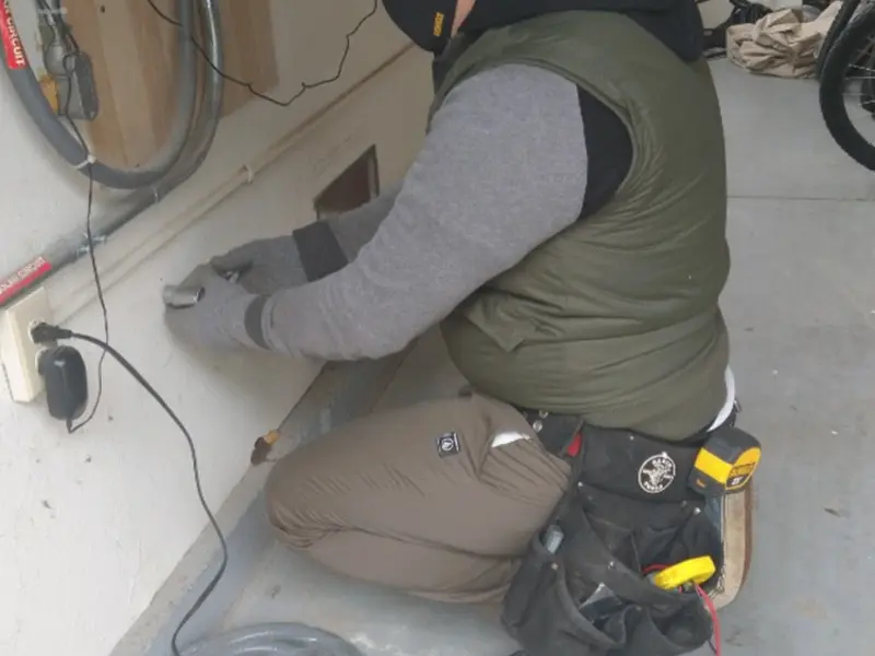 Electrician performing outlet wiring in a McMinnville garage